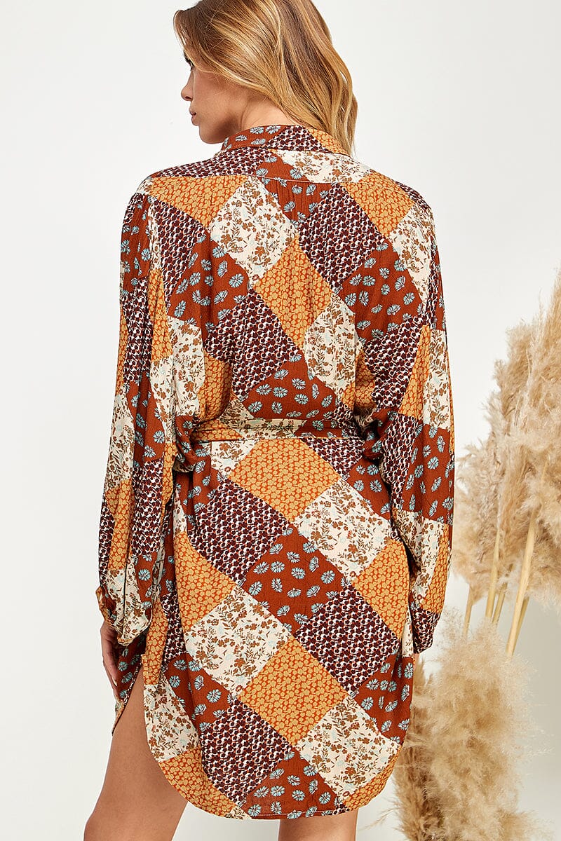 WOMEN'S LONG SLEEVE BUTTON UP FRONT POCKET SELF TIE MULTI PRINT MINI DRESS