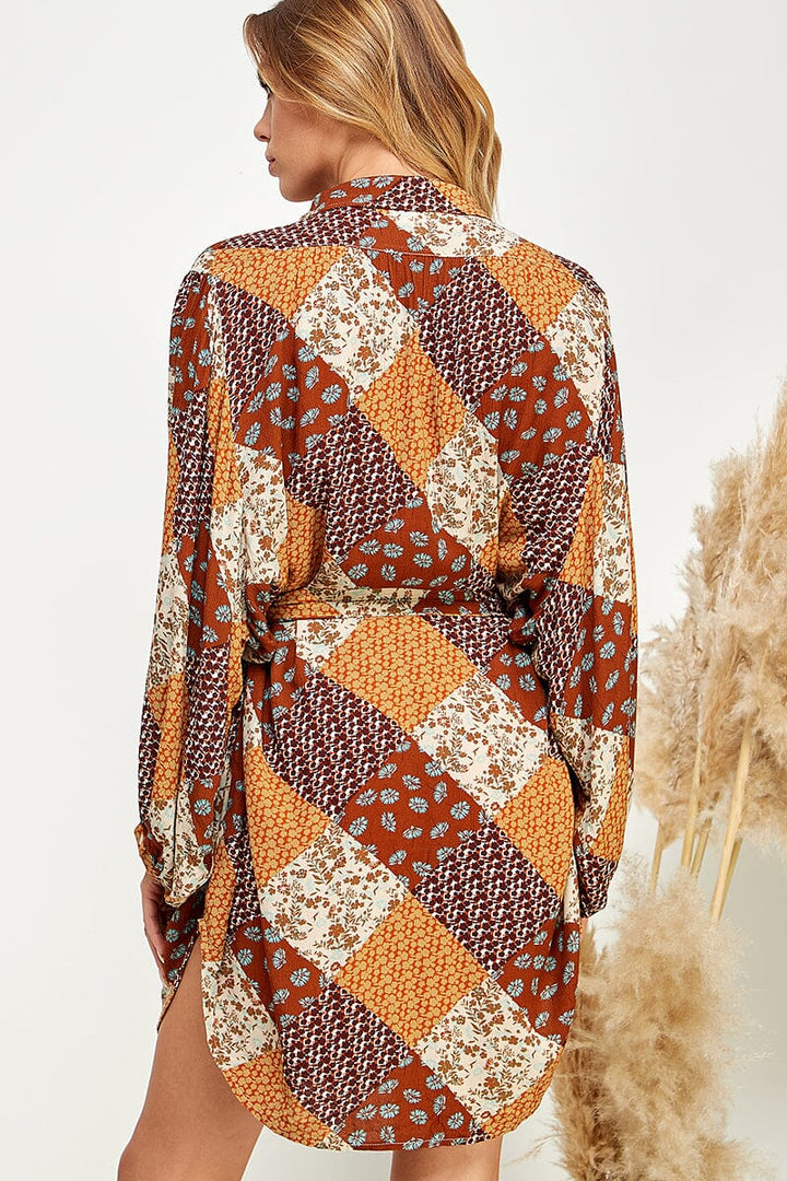 WOMEN'S LONG SLEEVE BUTTON UP FRONT POCKET SELF TIE MULTI PRINT MINI DRESS
