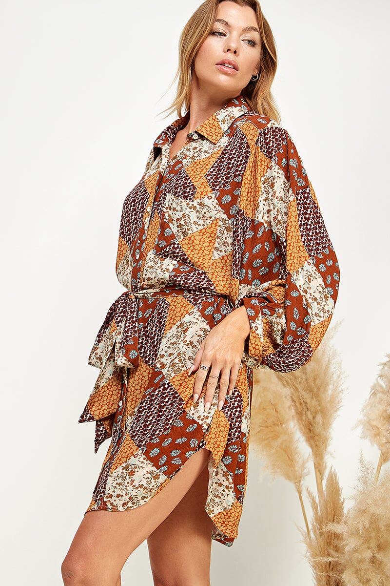WOMEN'S LONG SLEEVE BUTTON UP FRONT POCKET SELF TIE MULTI PRINT MINI DRESS