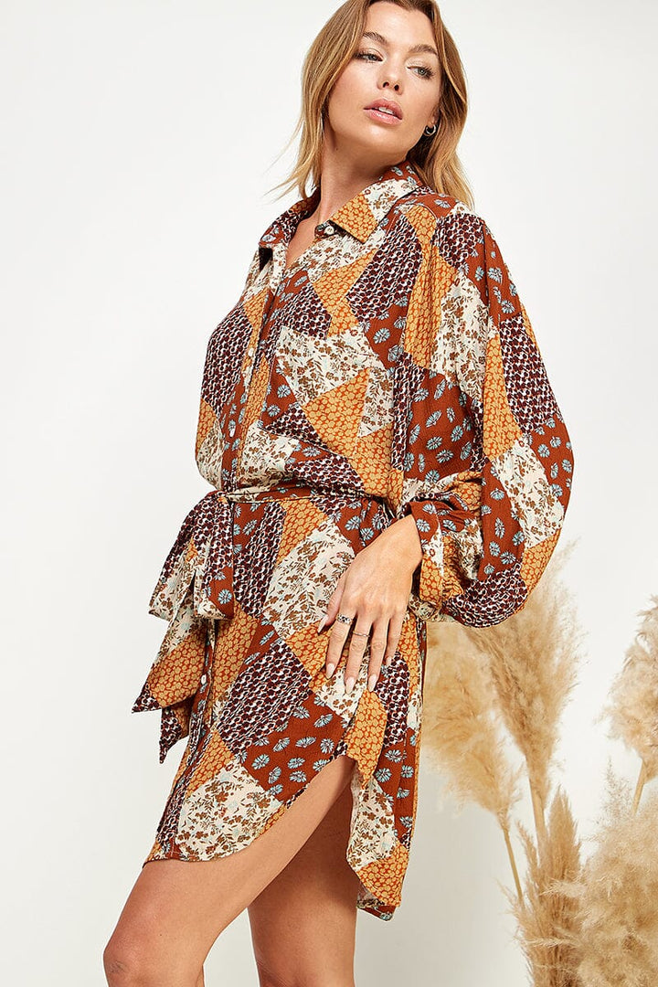 WOMEN'S LONG SLEEVE BUTTON UP FRONT POCKET SELF TIE MULTI PRINT MINI DRESS