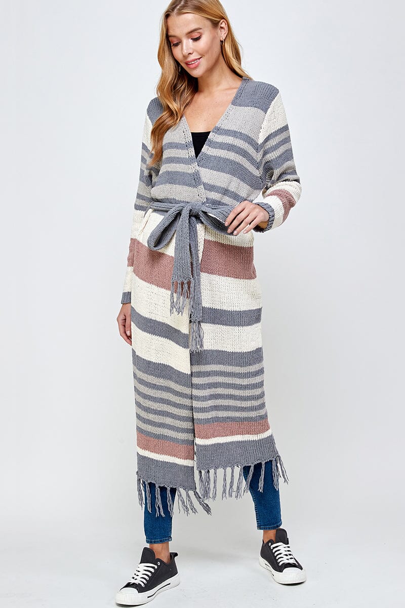 WOMEN'S LONG SLEEVE OPEN FRONT SELF TIE COLORBLOCK KNIT CARDIGAN