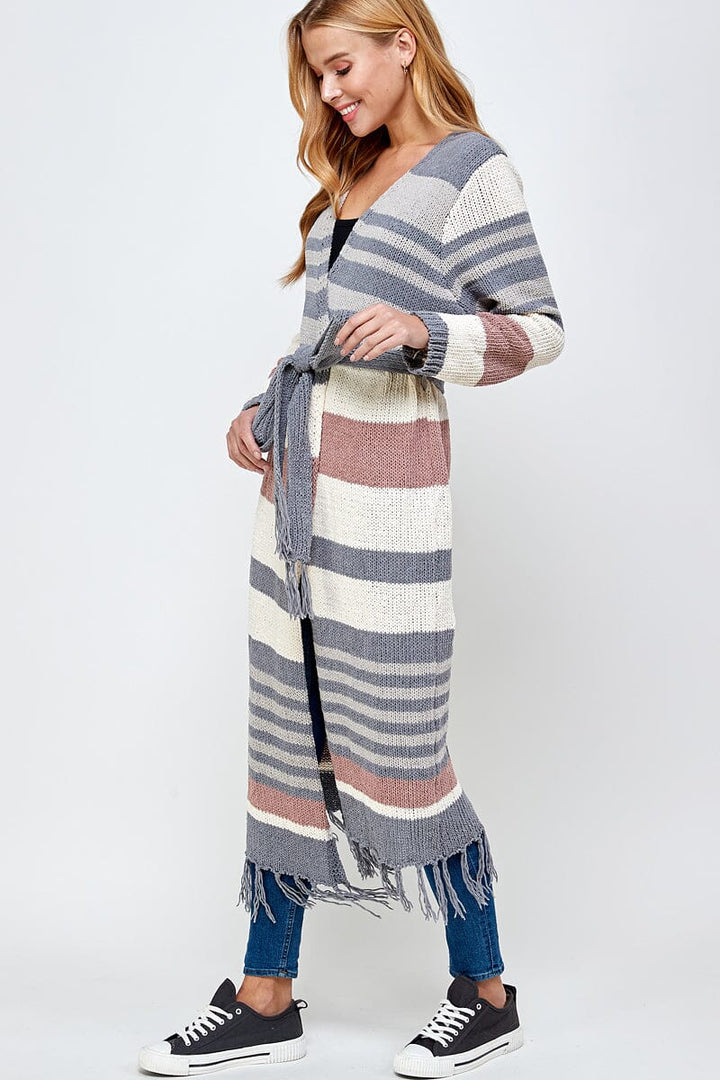 WOMEN'S LONG SLEEVE OPEN FRONT SELF TIE COLORBLOCK KNIT CARDIGAN