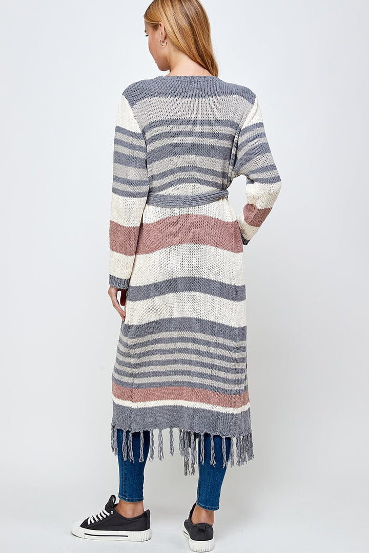 WOMEN'S LONG SLEEVE OPEN FRONT SELF TIE COLORBLOCK KNIT CARDIGAN