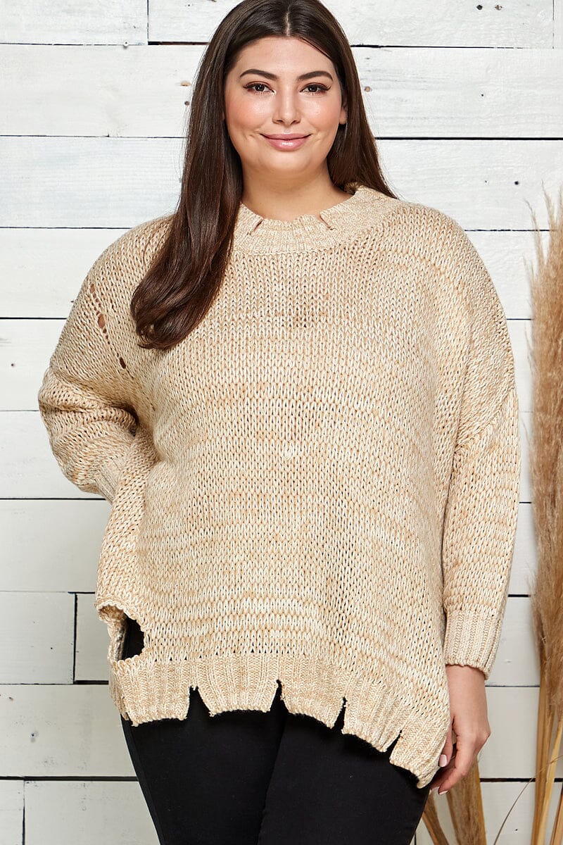 PLUS SIZE LONG SLEEVE DISTRESS PULLOVER KNIT SWEATER