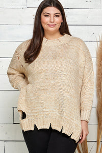 PLUS SIZE LONG SLEEVE DISTRESS PULLOVER KNIT SWEATER