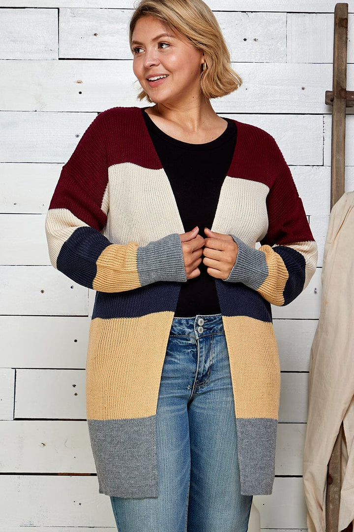 PLUS SIZE LONG SLEEVE COLORBLOCK OPEN FRONT KNIT CARDIGAN