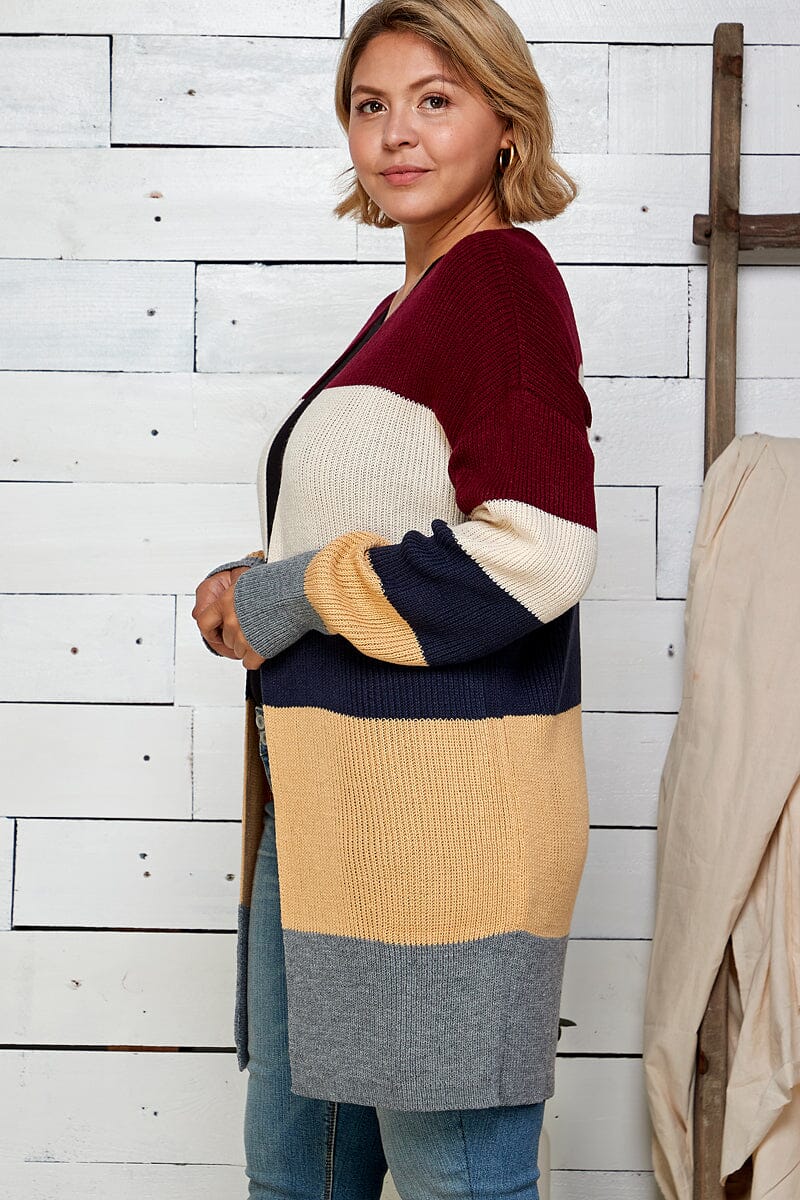 PLUS SIZE LONG SLEEVE COLORBLOCK OPEN FRONT KNIT CARDIGAN