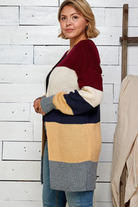 PLUS SIZE LONG SLEEVE COLORBLOCK OPEN FRONT KNIT CARDIGAN