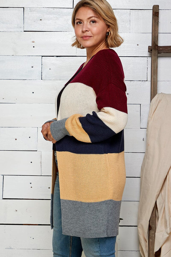 PLUS SIZE LONG SLEEVE COLORBLOCK OPEN FRONT KNIT CARDIGAN