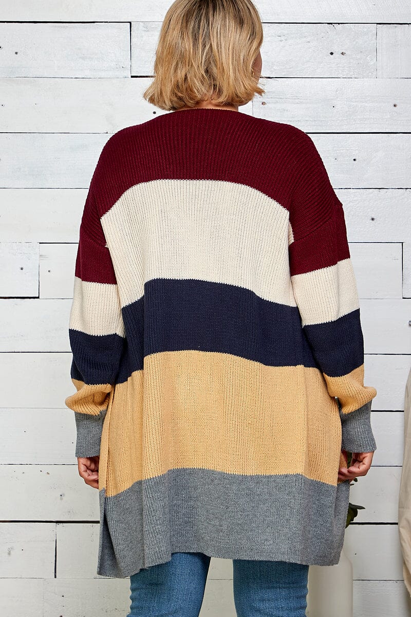 PLUS SIZE LONG SLEEVE COLORBLOCK OPEN FRONT KNIT CARDIGAN