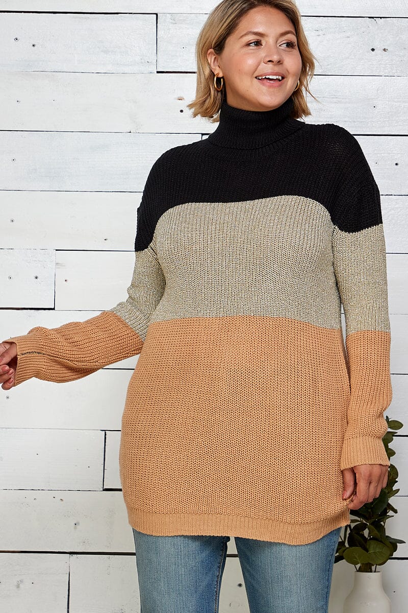 PLUS SIZE LONG SLEEVE TURTLE NECK COLORBLOCK PULLOVER KNIT SWEATER