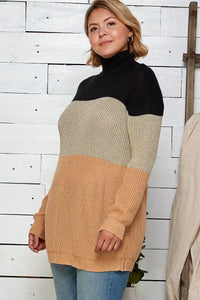 PLUS SIZE LONG SLEEVE TURTLE NECK COLORBLOCK PULLOVER KNIT SWEATER