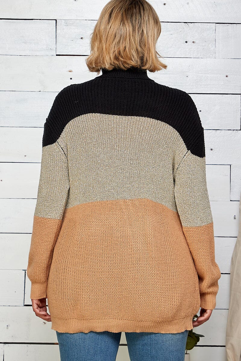 PLUS SIZE LONG SLEEVE TURTLE NECK COLORBLOCK PULLOVER KNIT SWEATER