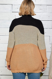 PLUS SIZE LONG SLEEVE TURTLE NECK COLORBLOCK PULLOVER KNIT SWEATER