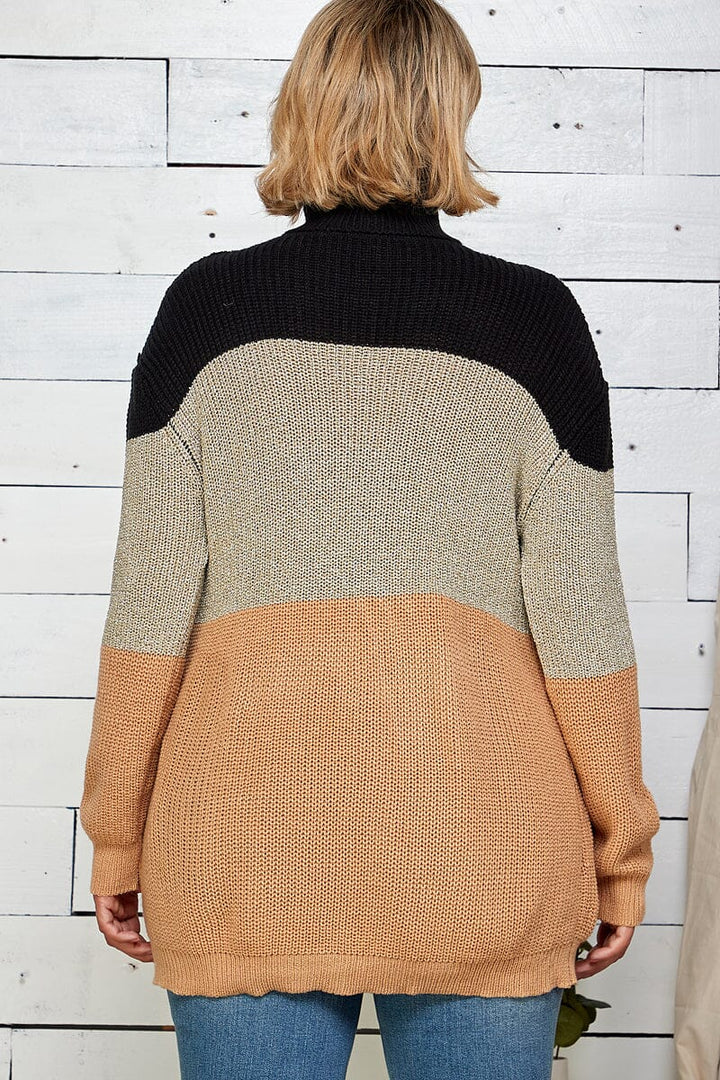 PLUS SIZE LONG SLEEVE TURTLE NECK COLORBLOCK PULLOVER KNIT SWEATER