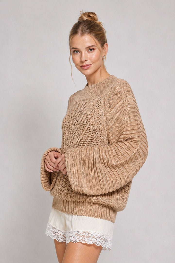 WOMEN'S LONG BALLOON SLEEVE KNIT PULLOVER SWEATER