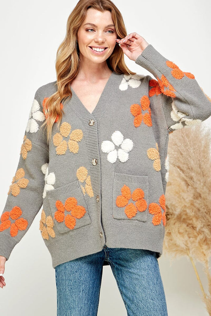 WOMEN'S LONG SLEEVE BUTTON UP FRONT POCKET FLORAL CARDIGAN