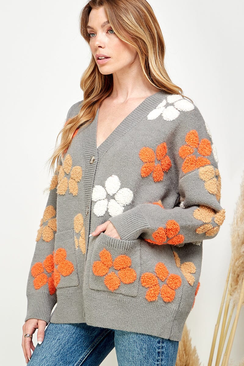 WOMEN'S LONG SLEEVE BUTTON UP FRONT POCKET FLORAL CARDIGAN
