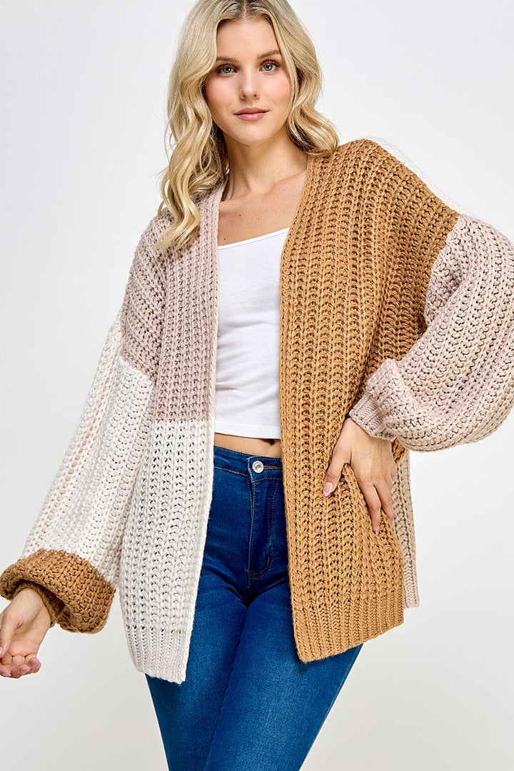 WOMEN'S LONG SLEEVE OPEN FRONT COLORBLOCK KNIT CARDIGAN