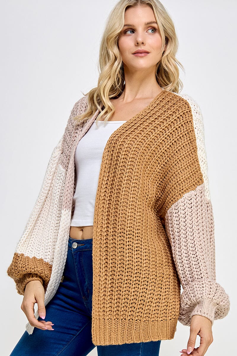 WOMEN'S LONG SLEEVE OPEN FRONT COLORBLOCK KNIT CARDIGAN