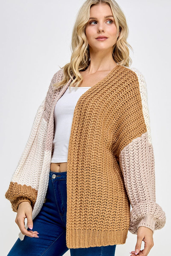 WOMEN'S LONG SLEEVE OPEN FRONT COLORBLOCK KNIT CARDIGAN