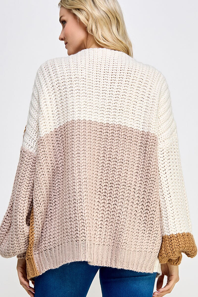 WOMEN'S LONG SLEEVE OPEN FRONT COLORBLOCK KNIT CARDIGAN