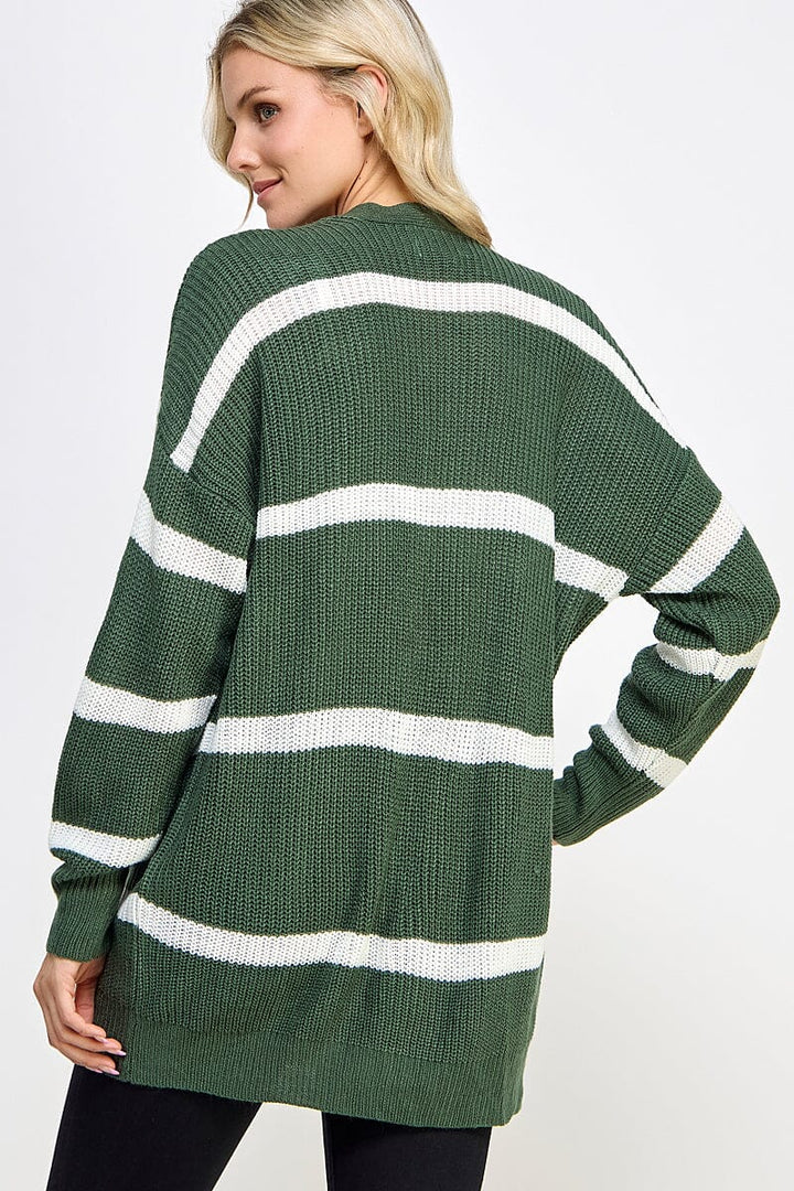 WOMEN'S LONG SLEEVE BUTTON UP FRONT POCKET COLORBLOCK STRIPES CARDIGAN