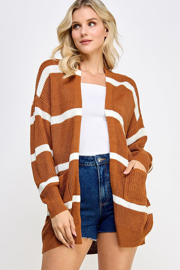 WOMEN'S LONG SLEEVE BUTTON UP FRONT POCKET COLORBLOCK STRIPES CARDIGAN