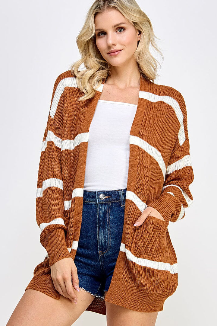 WOMEN'S LONG SLEEVE BUTTON UP FRONT POCKET COLORBLOCK STRIPES CARDIGAN