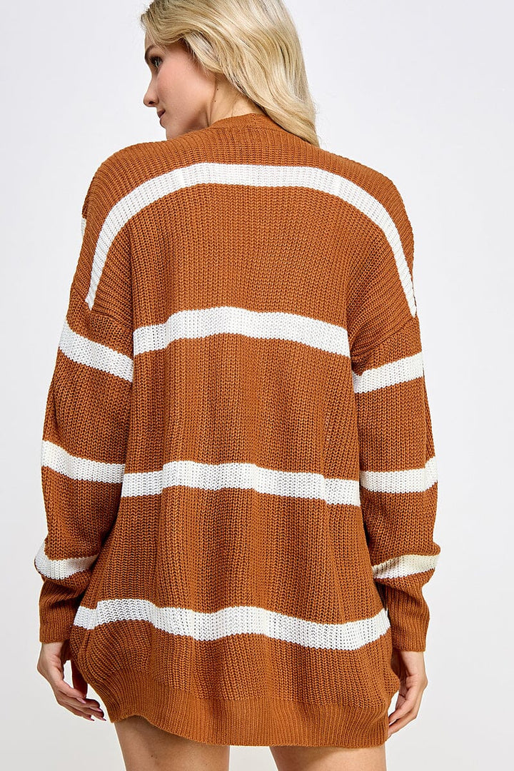 WOMEN'S LONG SLEEVE BUTTON UP FRONT POCKET COLORBLOCK STRIPES CARDIGAN