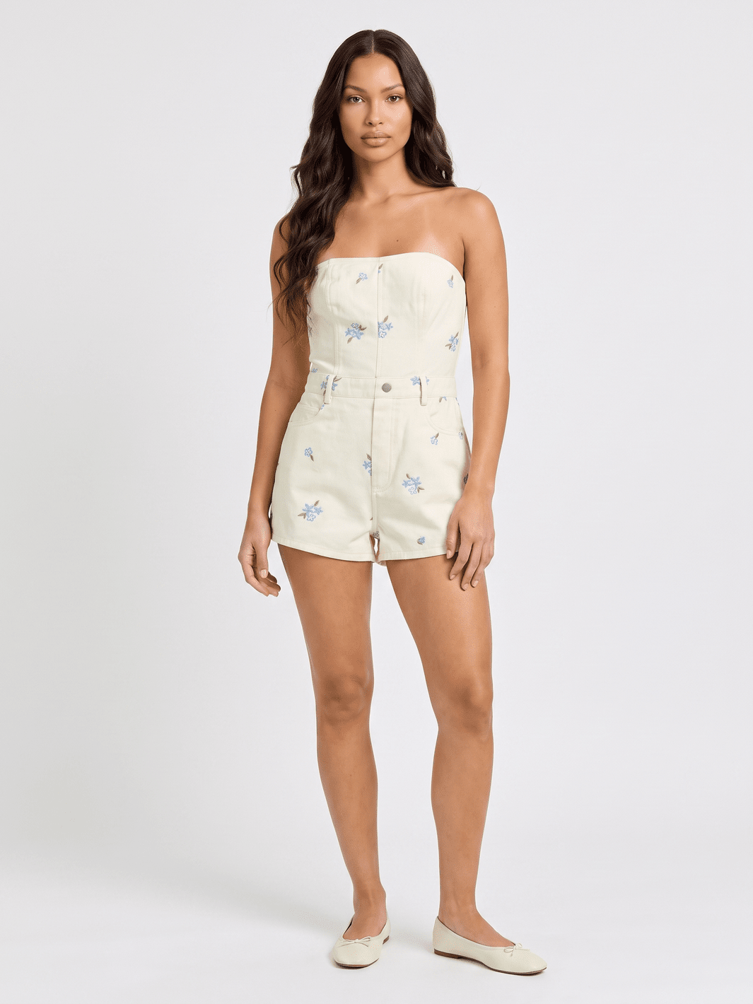 WOMEN'S SLEEVELESS SMOCK STITCHED FLORAL FRONT POCKETS DENIM ROMPER