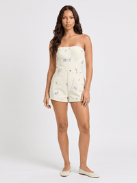 WOMEN'S SLEEVELESS SMOCK STITCHED FLORAL FRONT POCKETS DENIM ROMPER