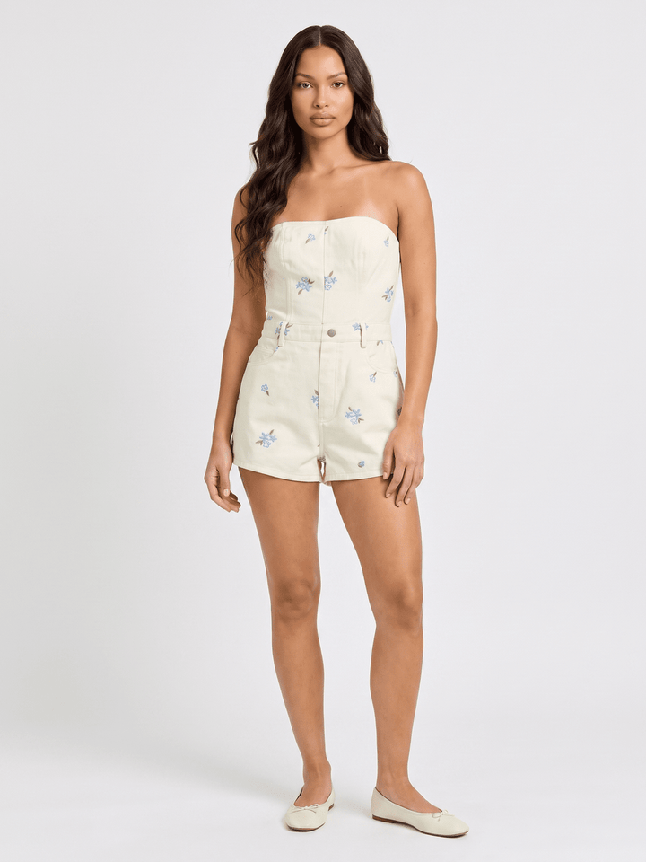 WOMEN'S SLEEVELESS SMOCK STITCHED FLORAL FRONT POCKETS DENIM ROMPER