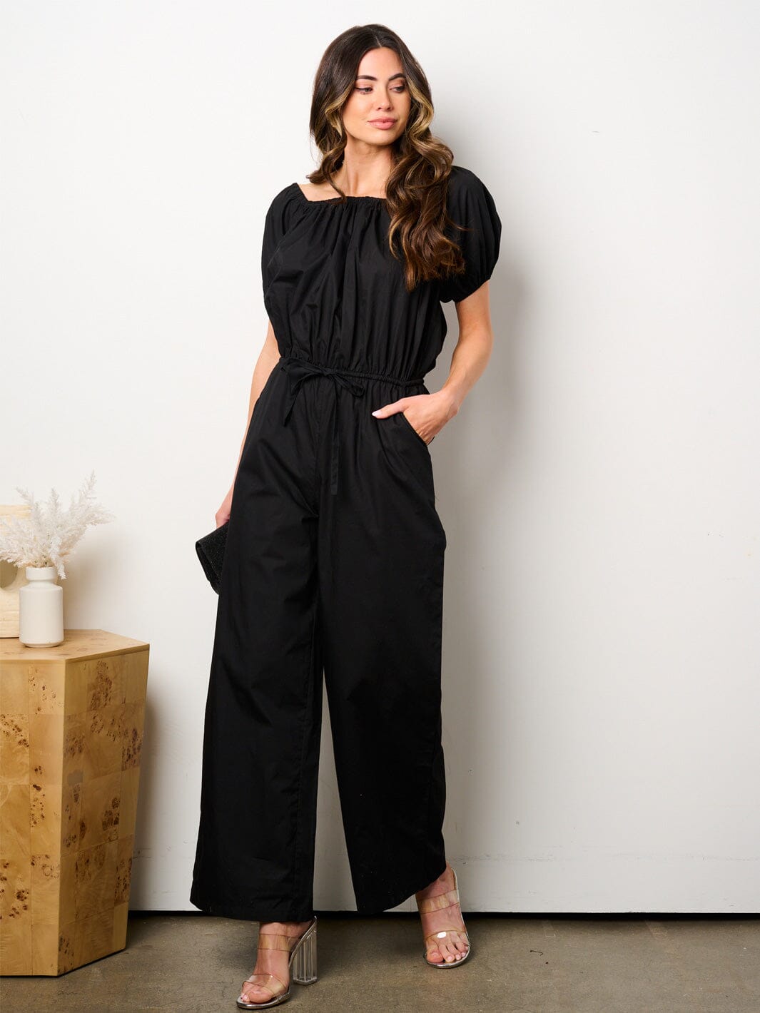 WOMEN'S SHORT PUFF SLEEVE ELASTIC WAIST POCKETS WIDE LEG JUMPSUIT