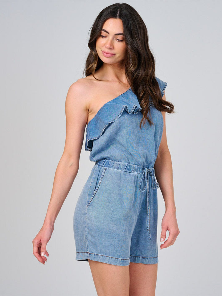 WOMEN'S ONE SHOULDER FRONT POCKETS ELASTIC WAIST WASHED CHAMBRAY ROMPER