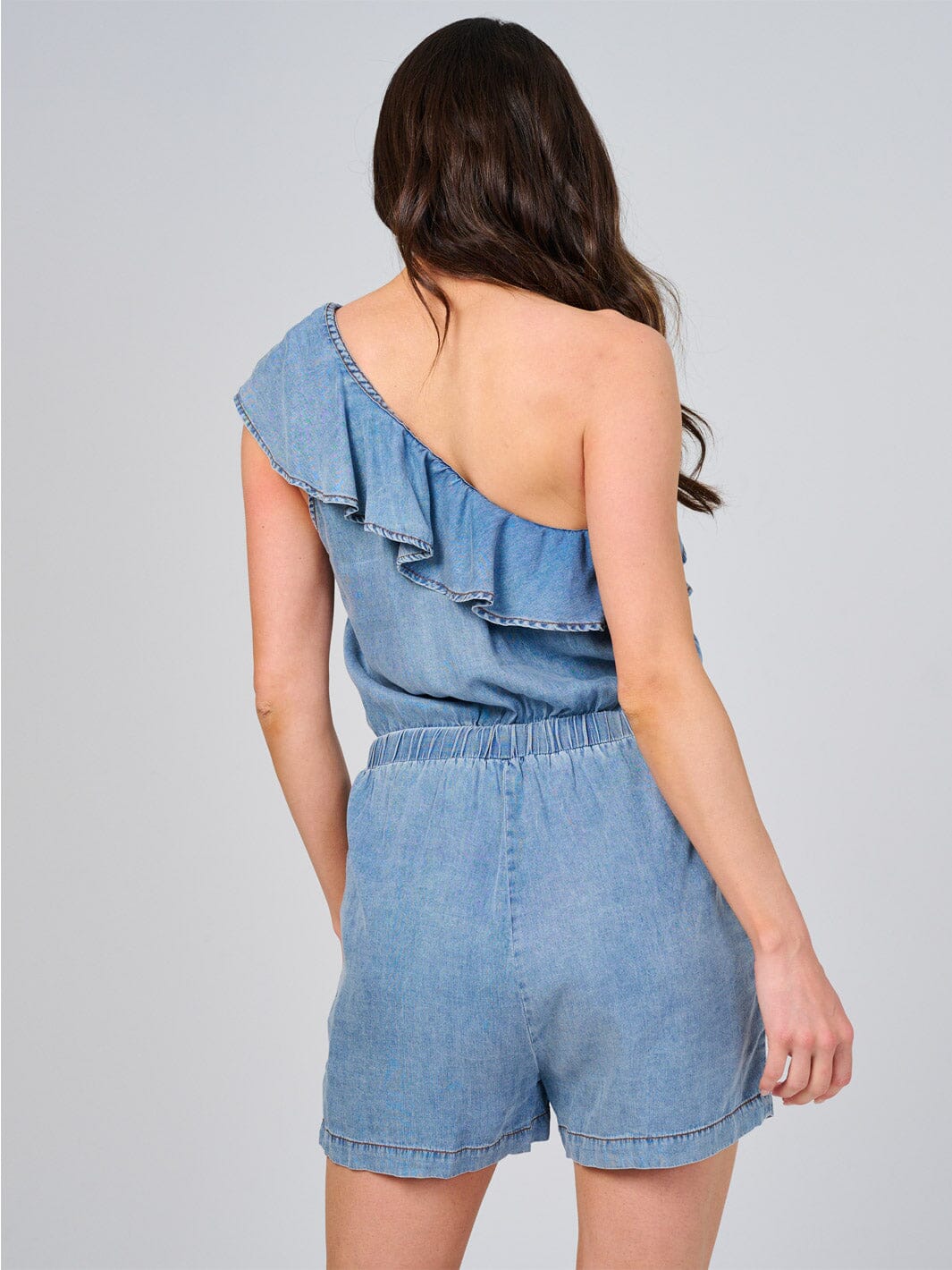 WOMEN'S ONE SHOULDER FRONT POCKETS ELASTIC WAIST WASHED CHAMBRAY ROMPER