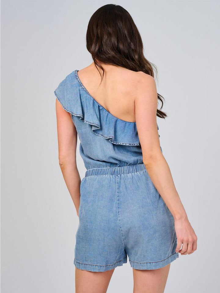 WOMEN'S ONE SHOULDER FRONT POCKETS ELASTIC WAIST WASHED CHAMBRAY ROMPER