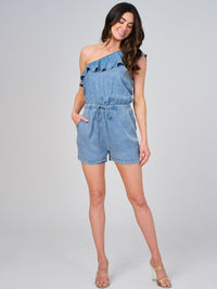 WOMEN'S ONE SHOULDER FRONT POCKETS ELASTIC WAIST WASHED CHAMBRAY ROMPER