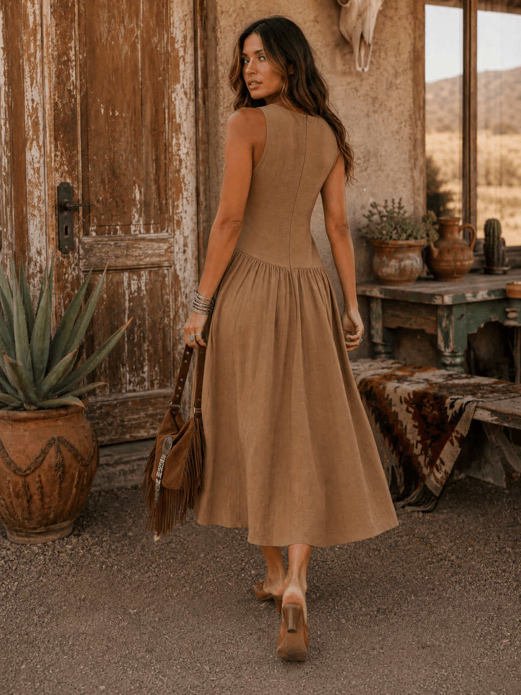 WOMEN'S SLEEVELESS BUTTON CLOSURE FRONT POCKETS MAXI DRESS