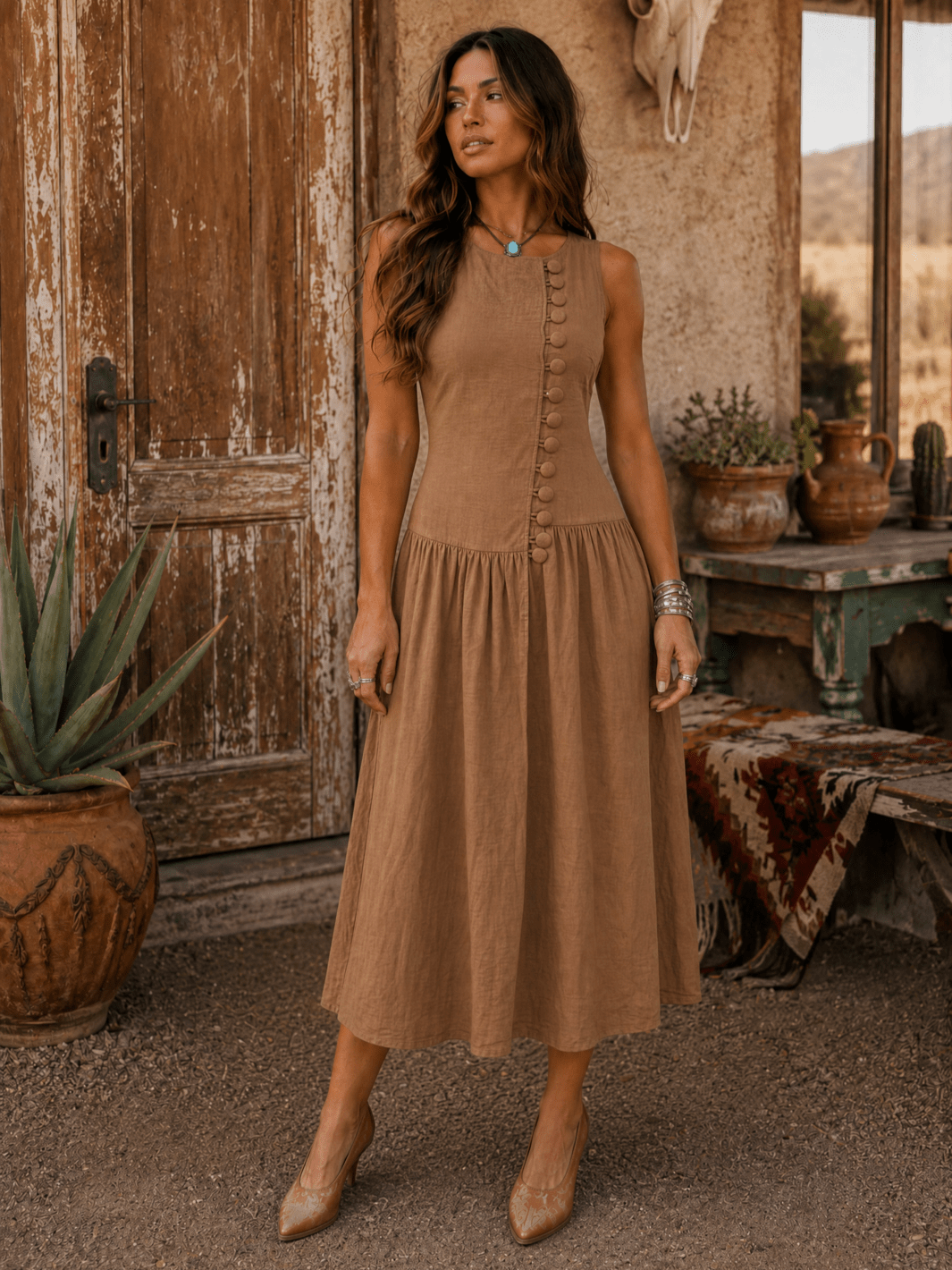 WOMEN'S SLEEVELESS BUTTON CLOSURE FRONT POCKETS MAXI DRESS
