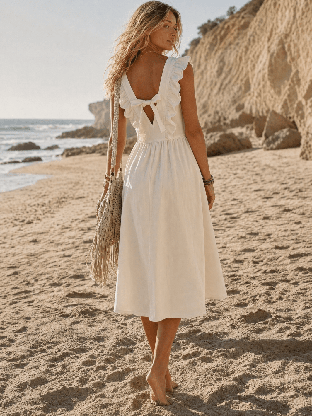 WOMEN'S SLEEVELESS RUFFLE POCKETS OPEN BACK BOW DENIM MAXI DRESS