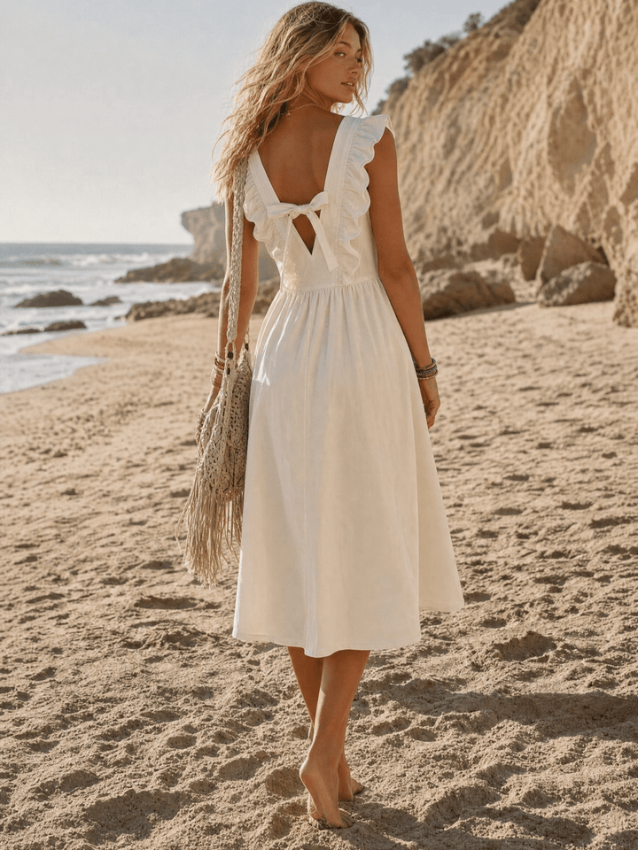 WOMEN'S SLEEVELESS RUFFLE POCKETS OPEN BACK BOW DENIM MAXI DRESS