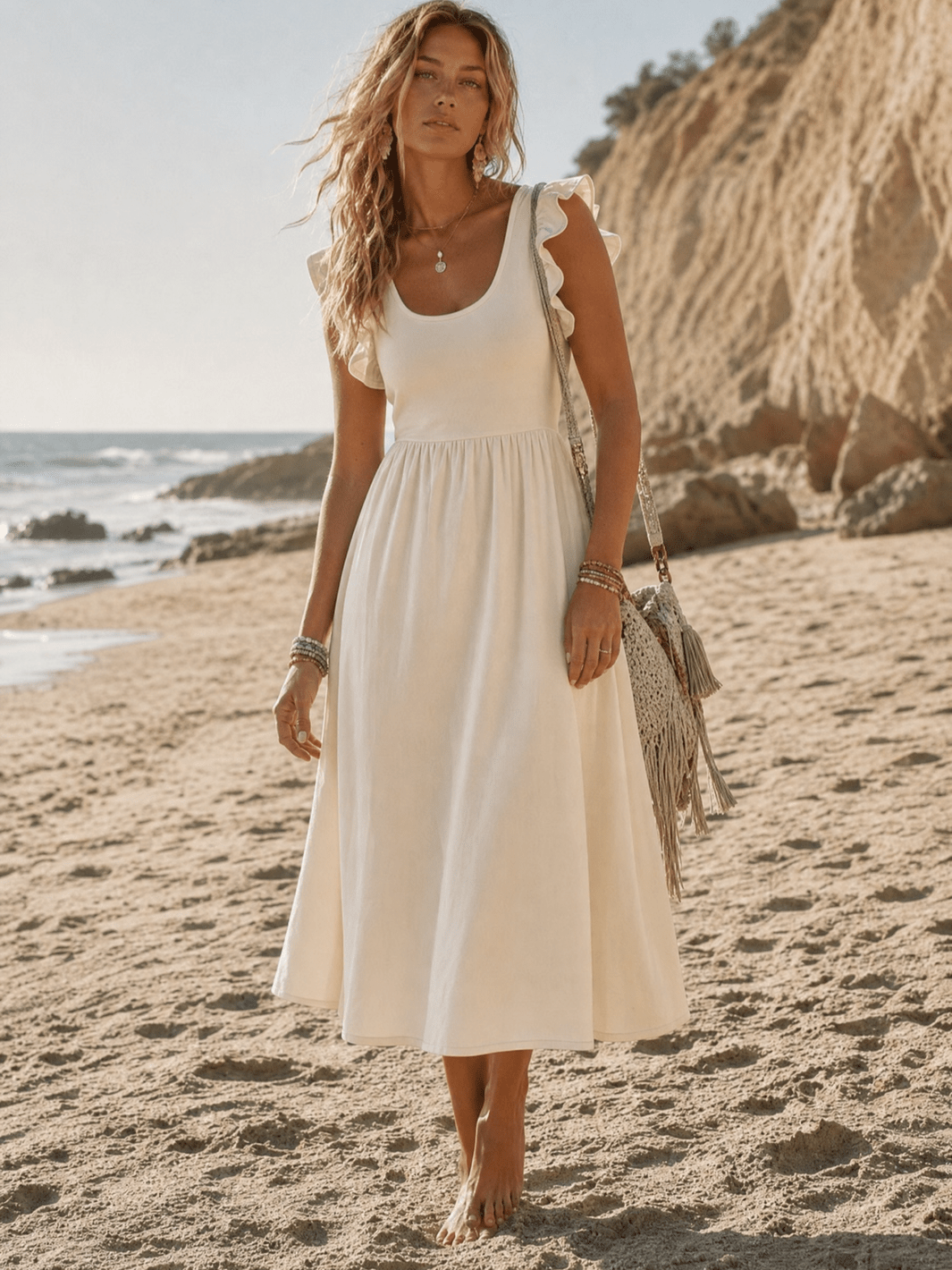 WOMEN'S SLEEVELESS RUFFLE POCKETS OPEN BACK BOW DENIM MAXI DRESS