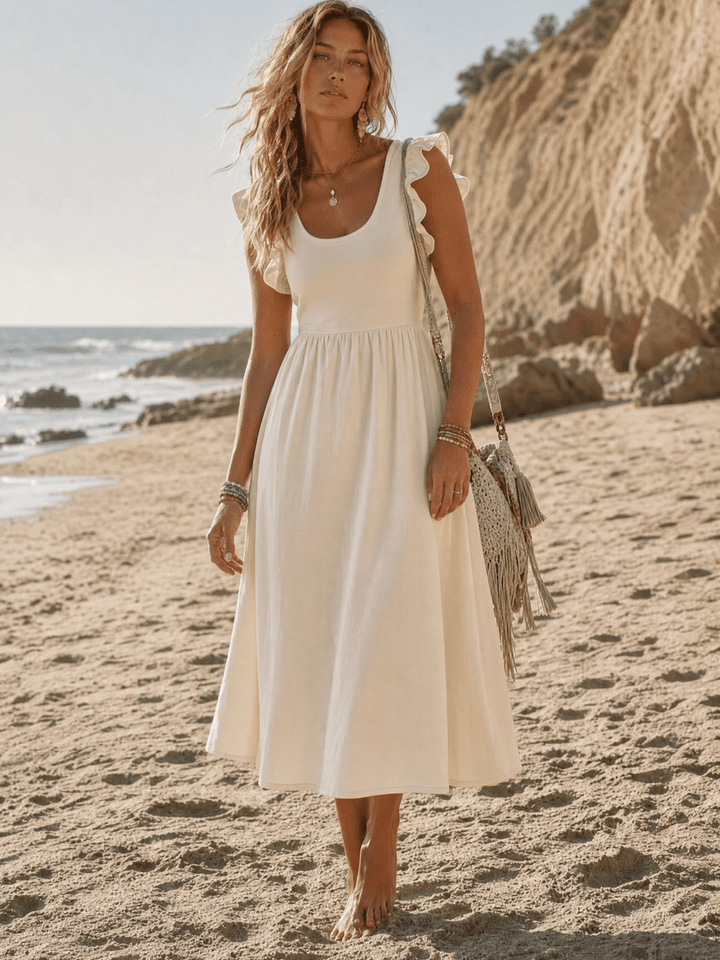 WOMEN'S SLEEVELESS RUFFLE POCKETS OPEN BACK BOW DENIM MAXI DRESS