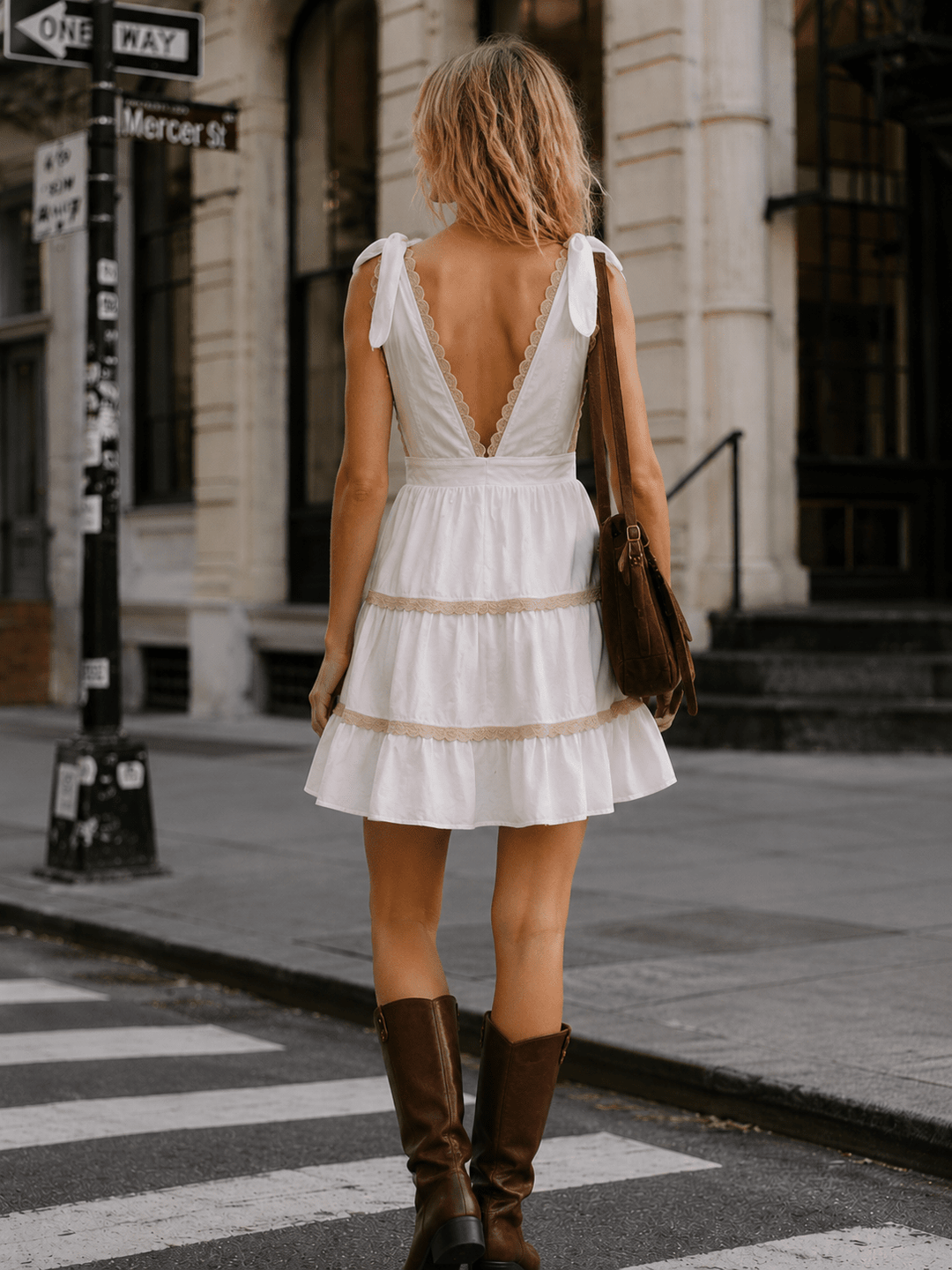 WOMEN'S SLEEVELESS V-NECK OPEN BACK TIERED MINI DRESS