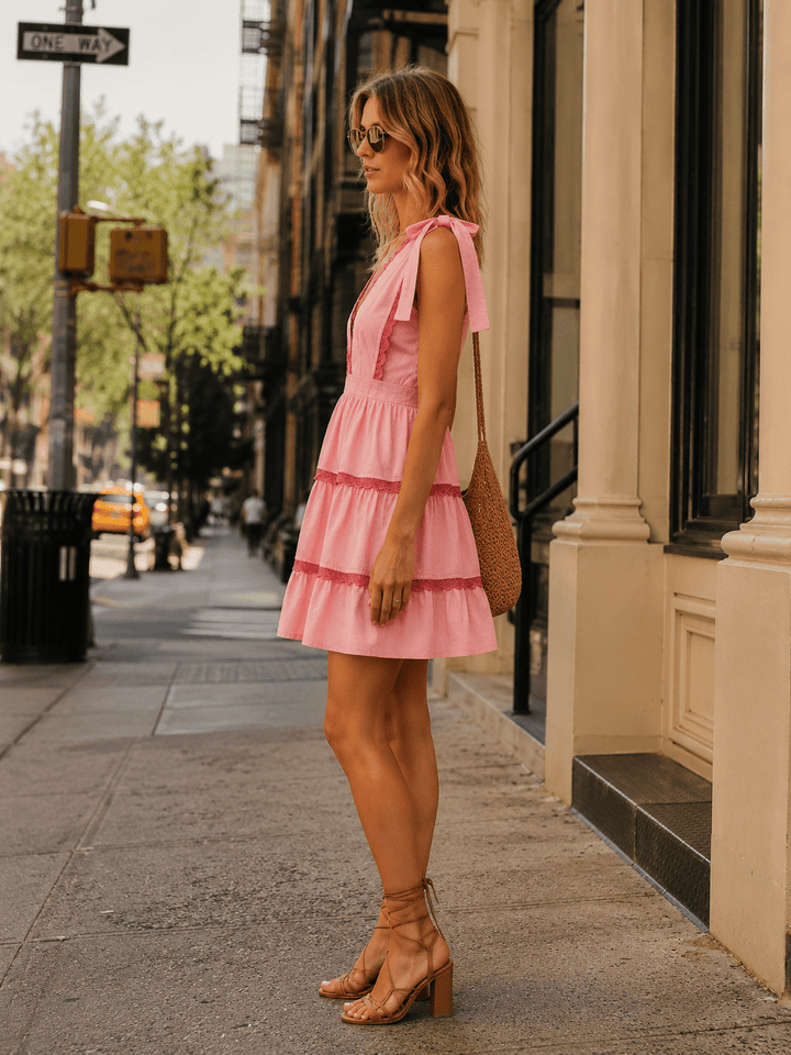 WOMEN'S SLEEVELESS V-NECK OPEN BACK TIERED MINI DRESS