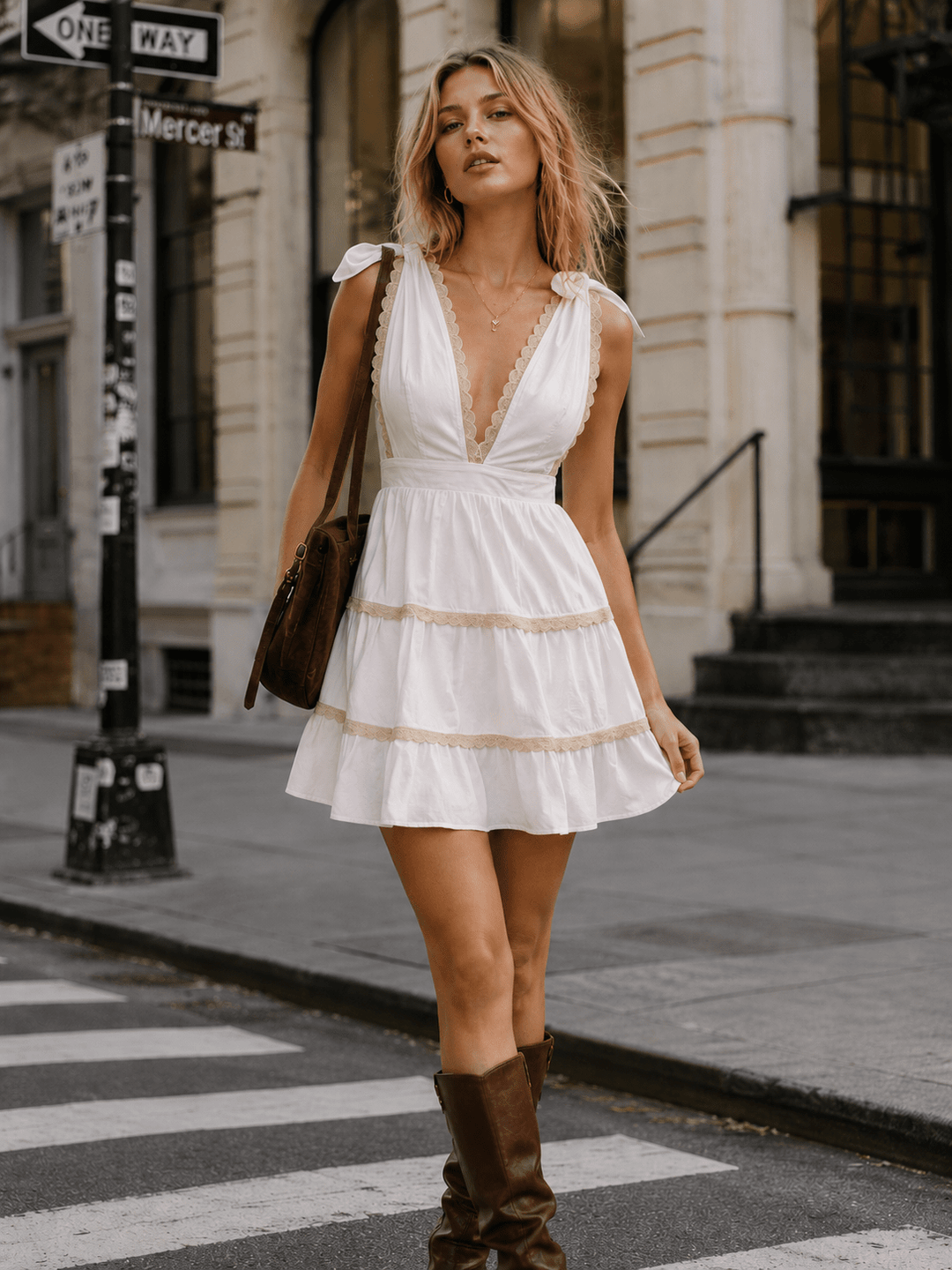 WOMEN'S SLEEVELESS V-NECK OPEN BACK TIERED MINI DRESS