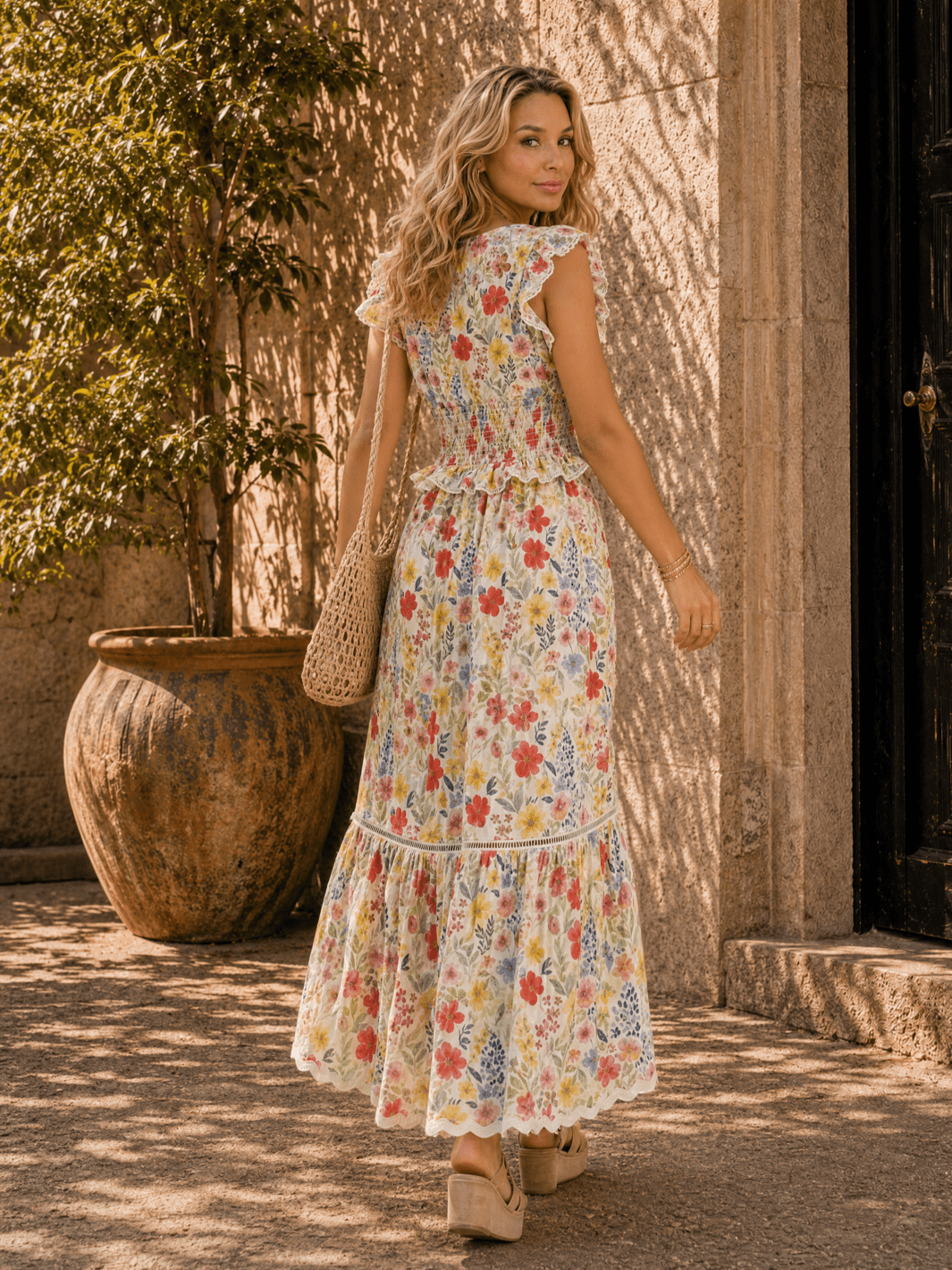 WOMEN'S RUFFLE SLEEVE V-NECK TIERED SMOCK EYELET FLORAL MAXI DRESS