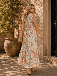 WOMEN'S RUFFLE SLEEVE V-NECK TIERED SMOCK EYELET FLORAL MAXI DRESS