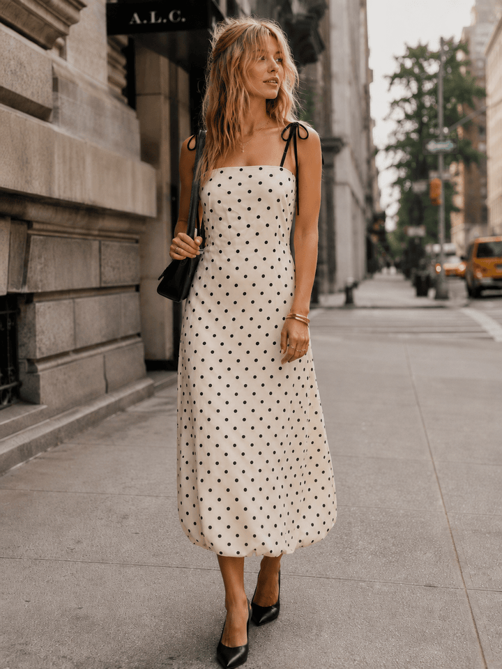 WOMEN'S SLEEVELESS SQUARE NECK POCKETS OPEN BACK POLKA DOTS MAXI DRESS